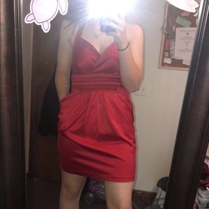 red formal dress.